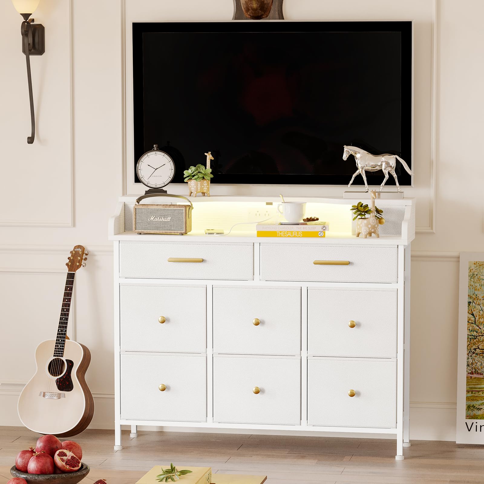 White Dresser for Bedroom with LED Lights and Charging Station