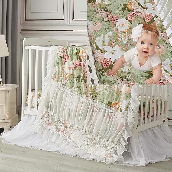 Brandream Crib Bedding Sets for Girls Garden Floral Nursery Set 3-Piece