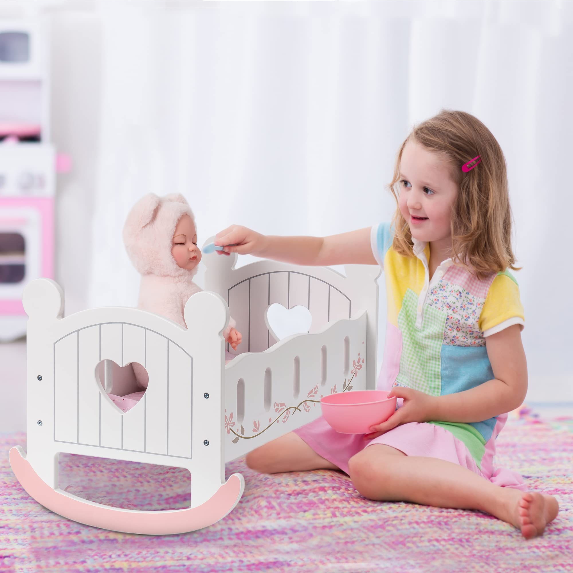 Wooden Doll Cradle Rocking Crib with Bedding Set
