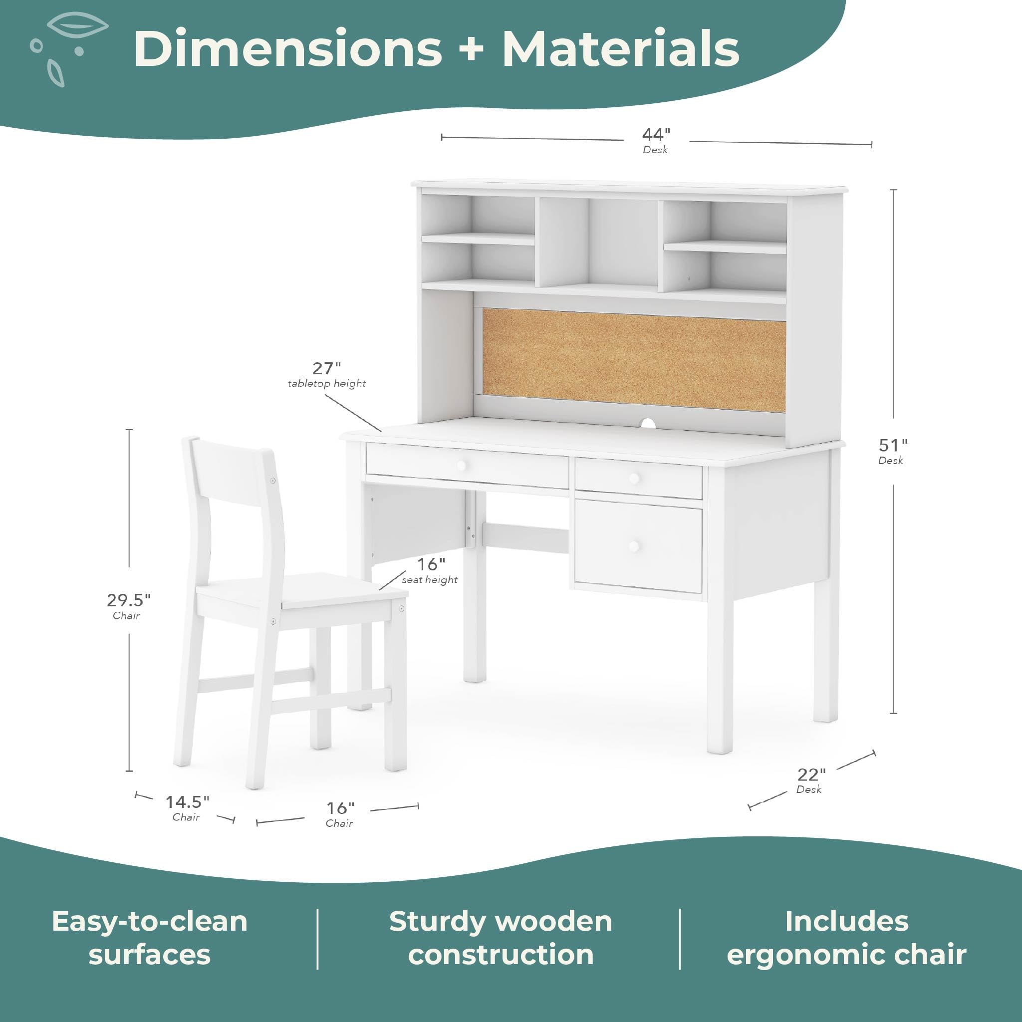 Kids Desk and Chair Set with Hutch White Wood Storage