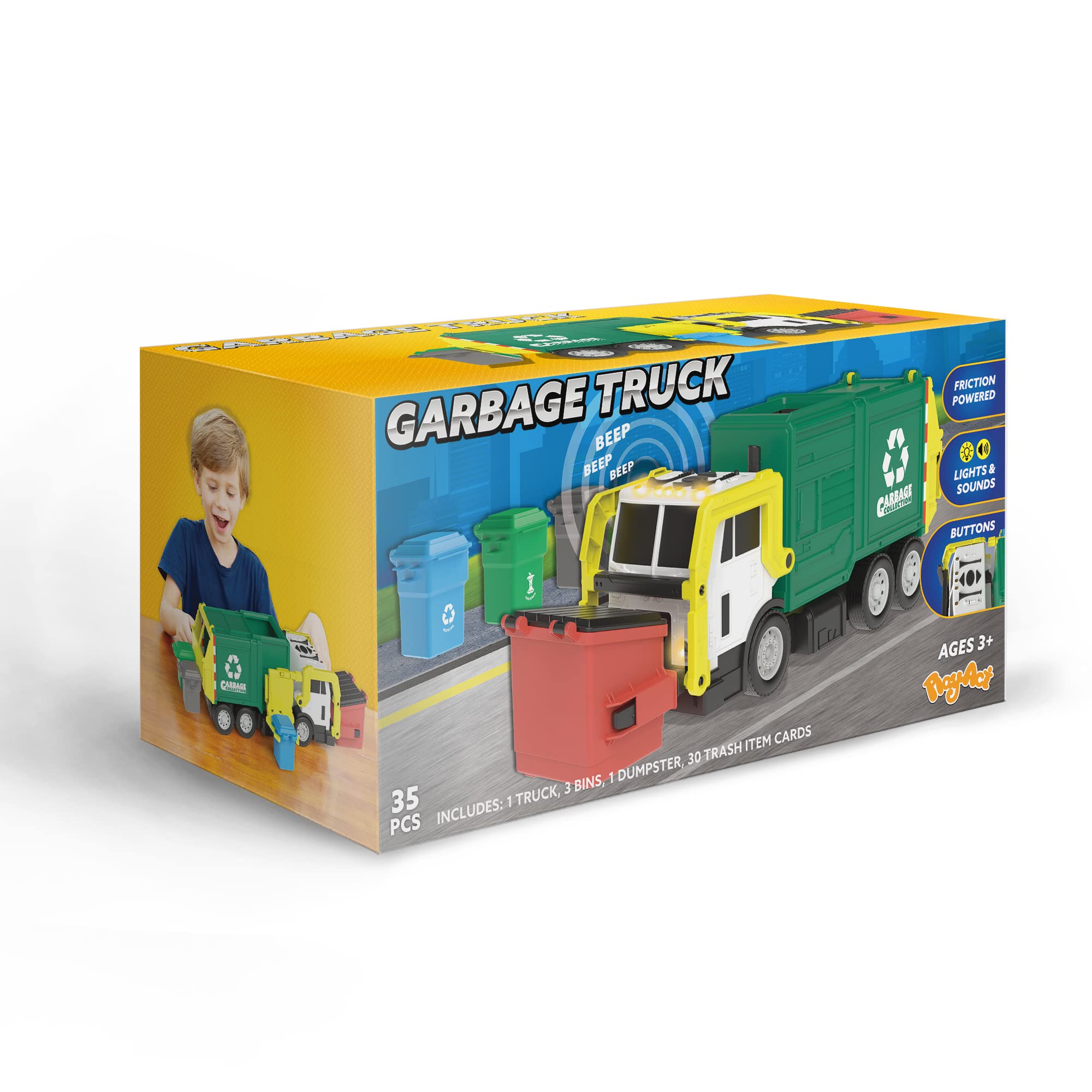Large Friction Powered Garbage Truck Toy Set, Includes Dumpster, Trash Bins