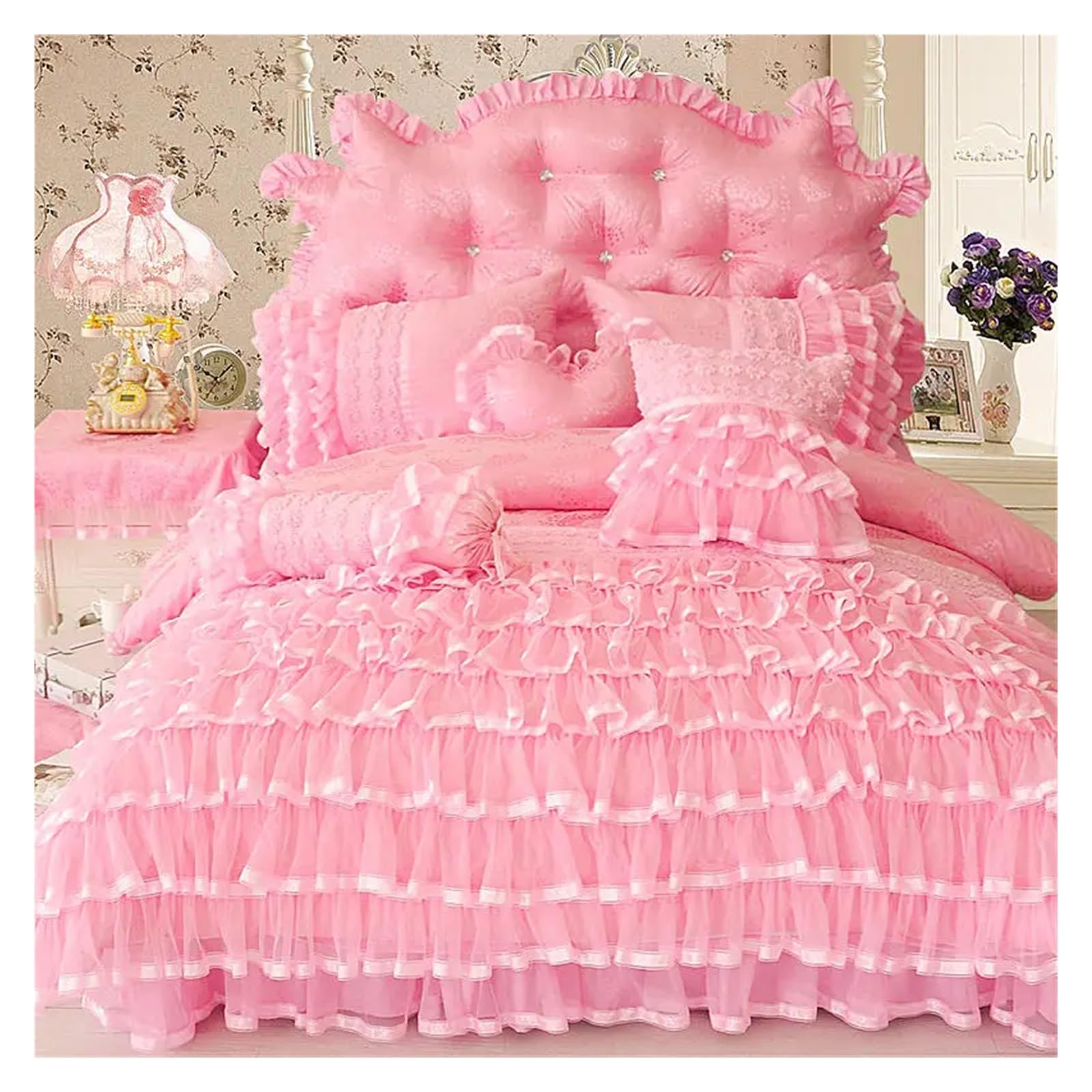 Princess Style Lace Pink Bedding Set Luxury Twin Queen King Size Bed Set