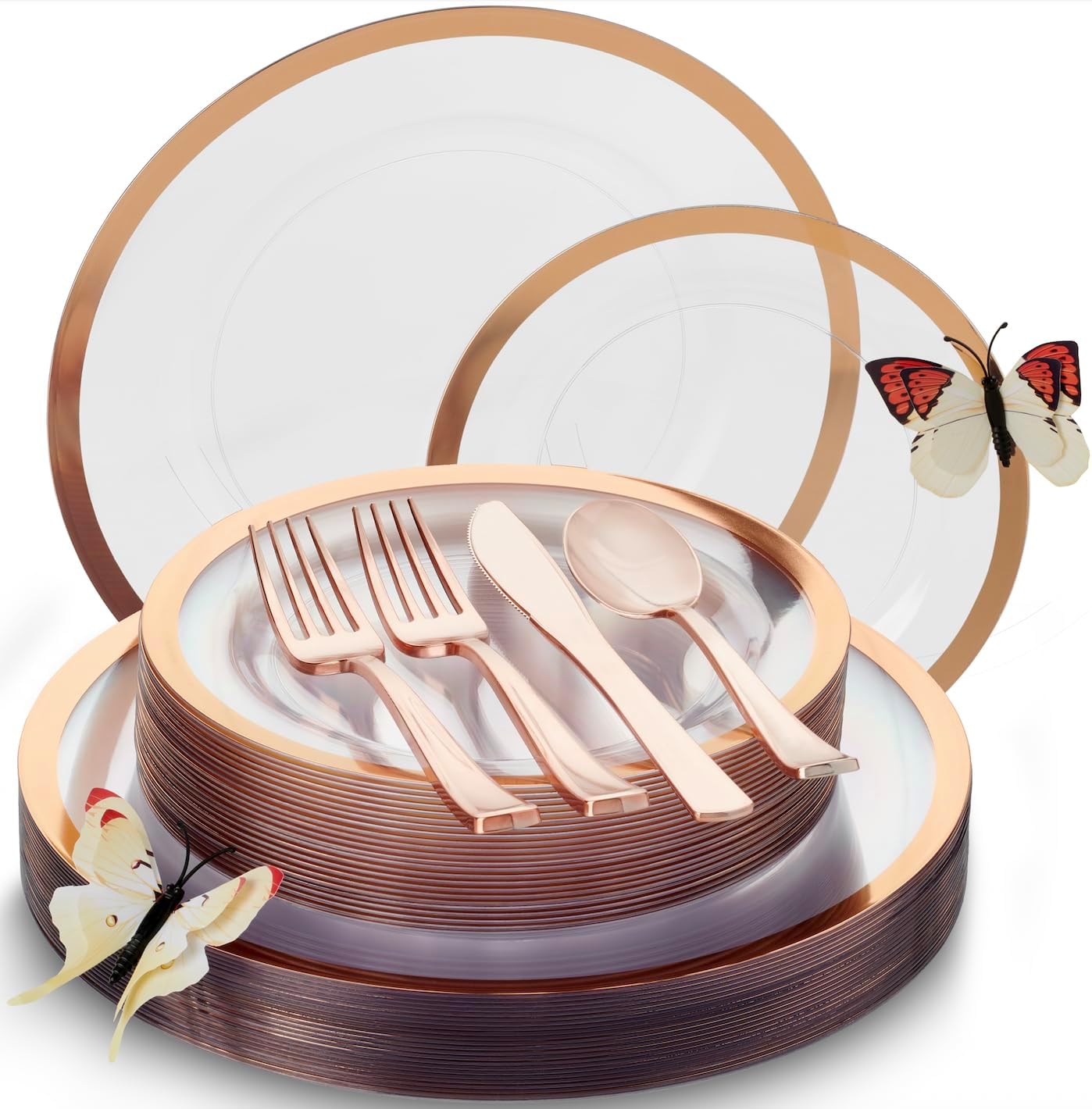 150 Pc Clear Rose Gold Party Plates and Utensils Set – Fancy Disposable