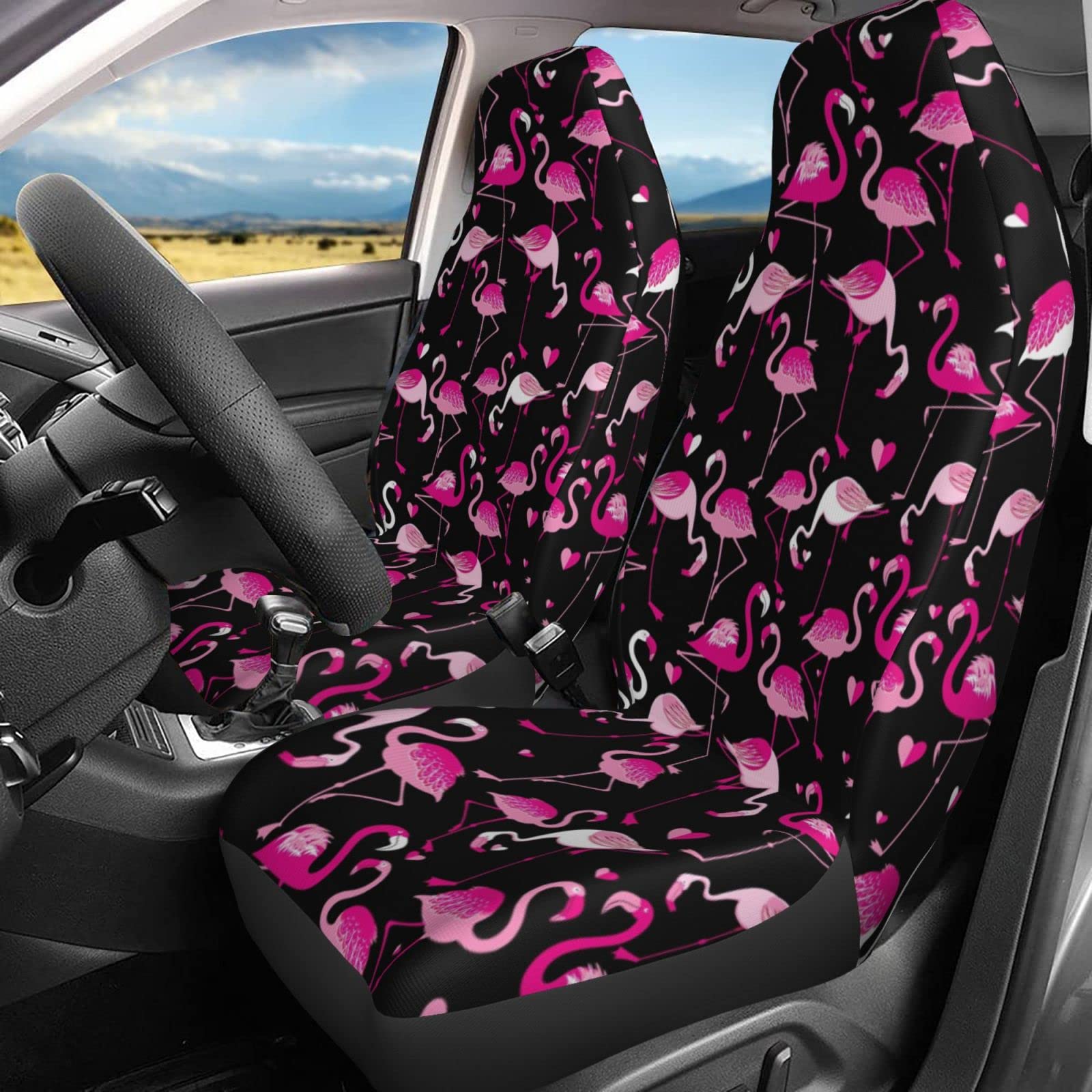 Pink Flamingo Animal Car Seat Covers for Women Girls, 2 Pcs Universal Fit Front Auto