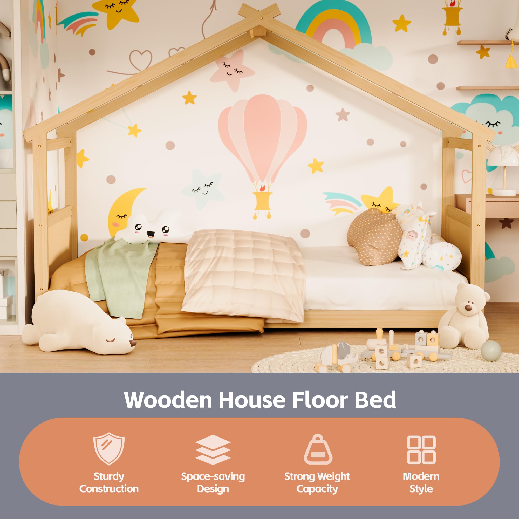 Twin Floor House Bed Frame with Headboard and Footboard