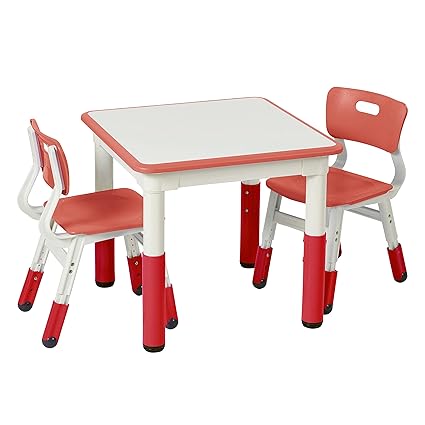 Dry-Erase Square Activity Table with 2 Chairs, Adjustable, Kids Furniture, Red, 1