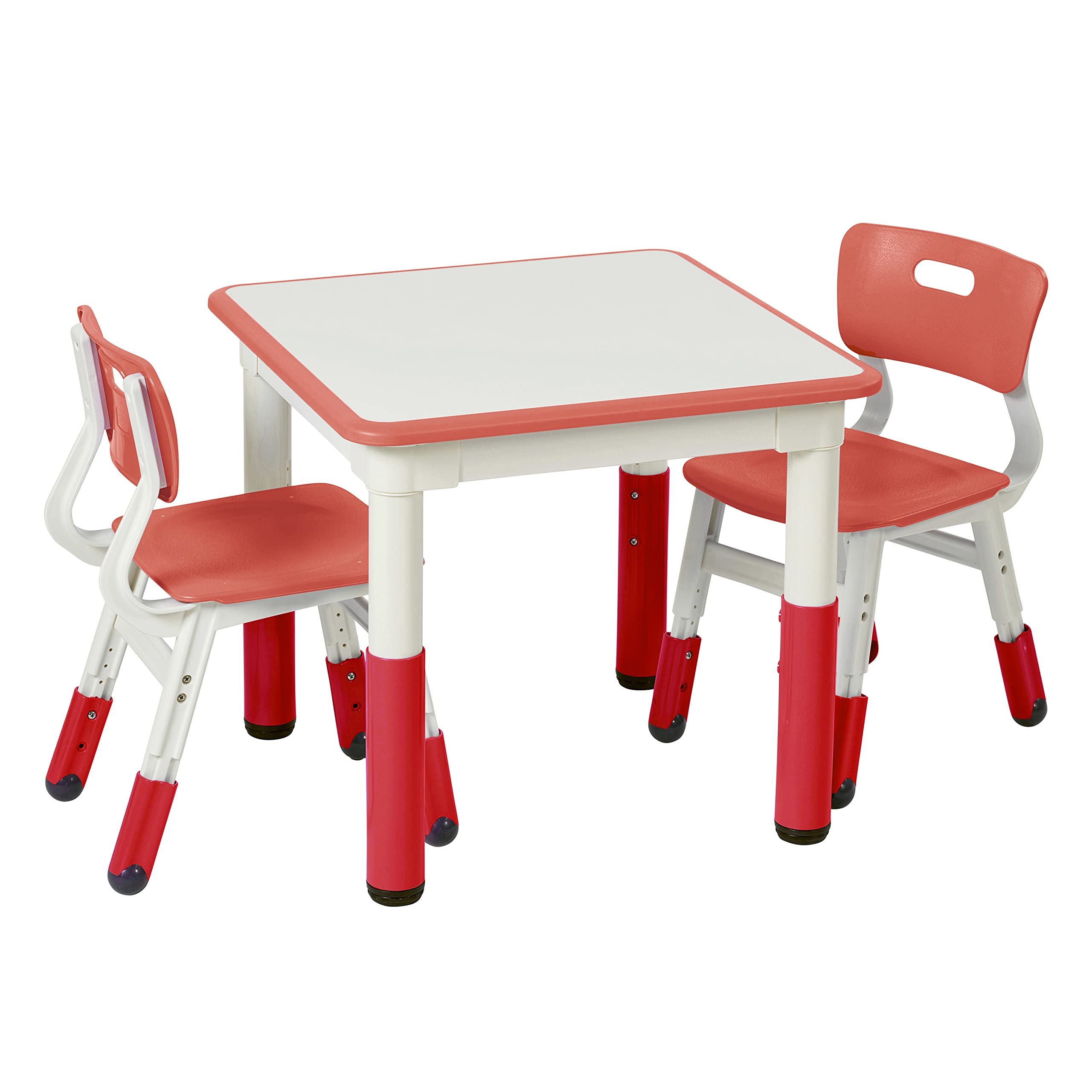 Dry-Erase Square Activity Table with 2 Chairs, Adjustable, Kids Furniture, Red, 1
