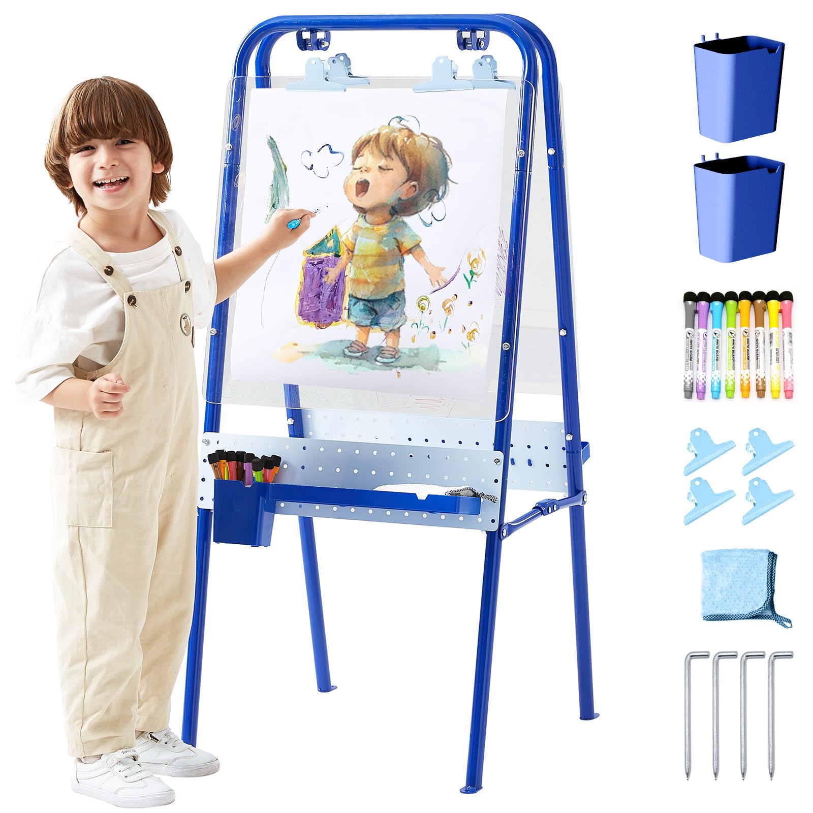 FUNLIO 2-in-1 Outdoor Easel for Kids Ages 3+, Foldable Waterproof & Sunproof Toddler Easel, Double-Sided Kids Art Easel with 2 Acrylic Boards & 20+ Accessories, Portable and Stable - Blue