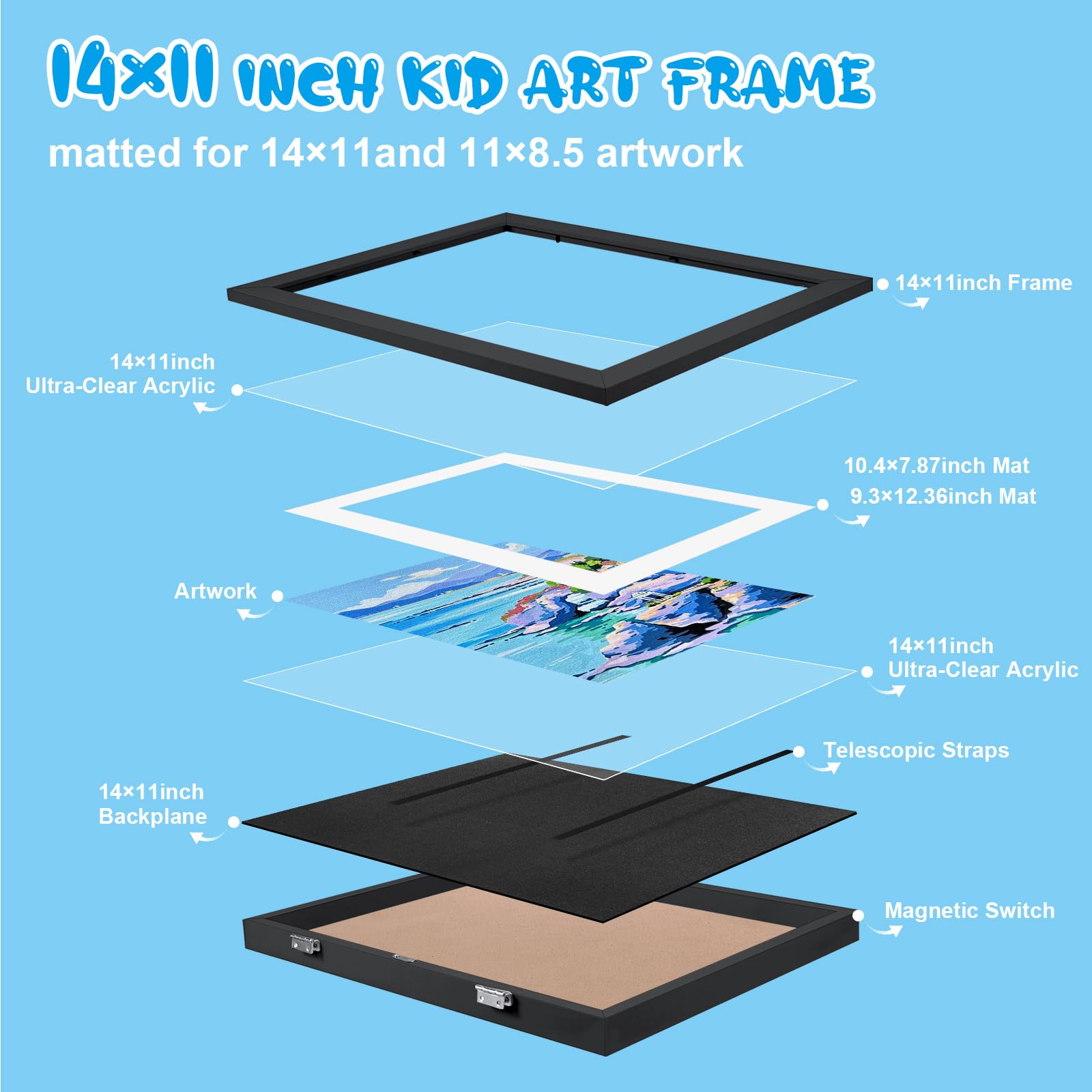 Kids Art Display Frame 11x14 Front Opening with Changeable Mats