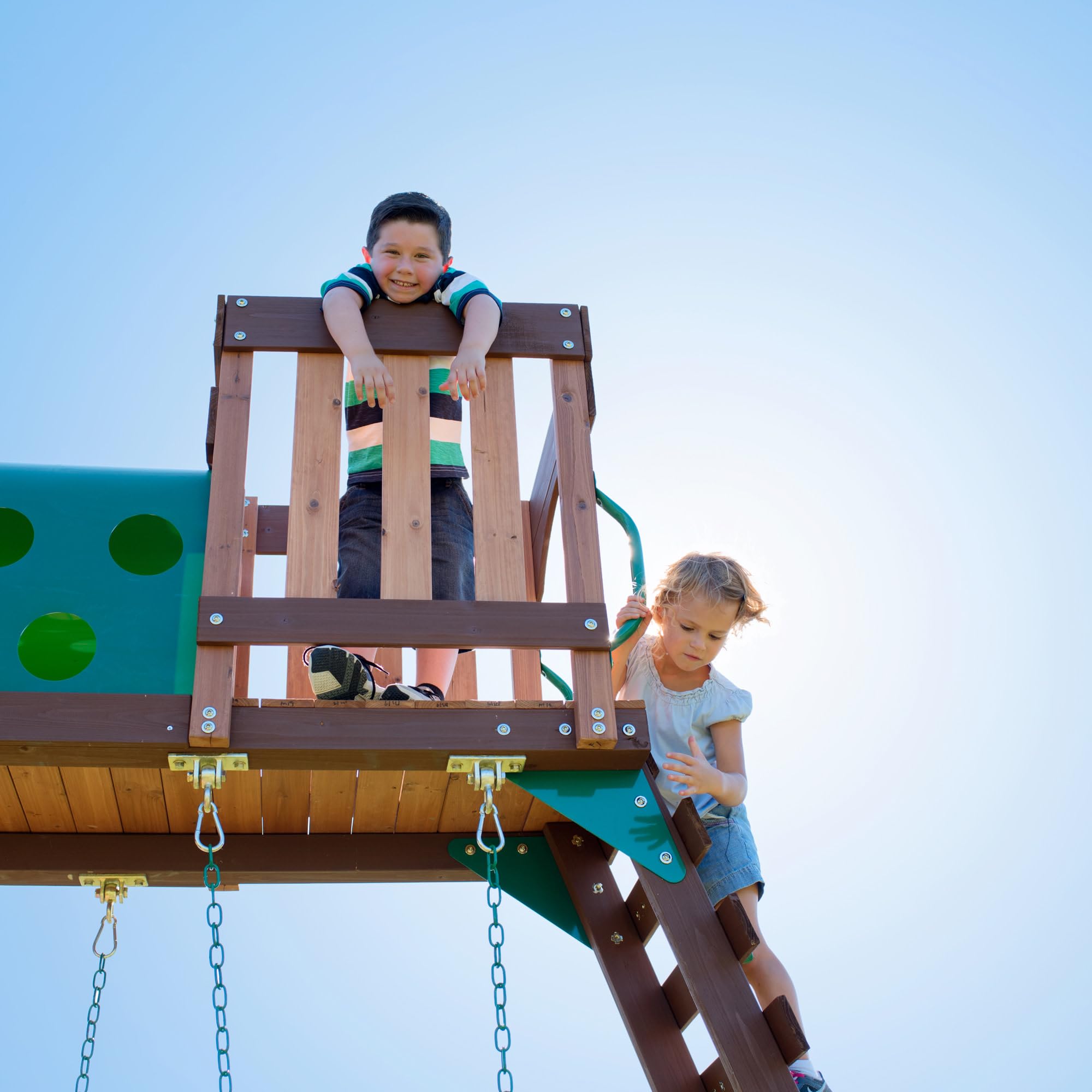 Cedar Wood Swing Set with Clubhouse, Wave Slide, and Rock Wall - Outdoor Playset