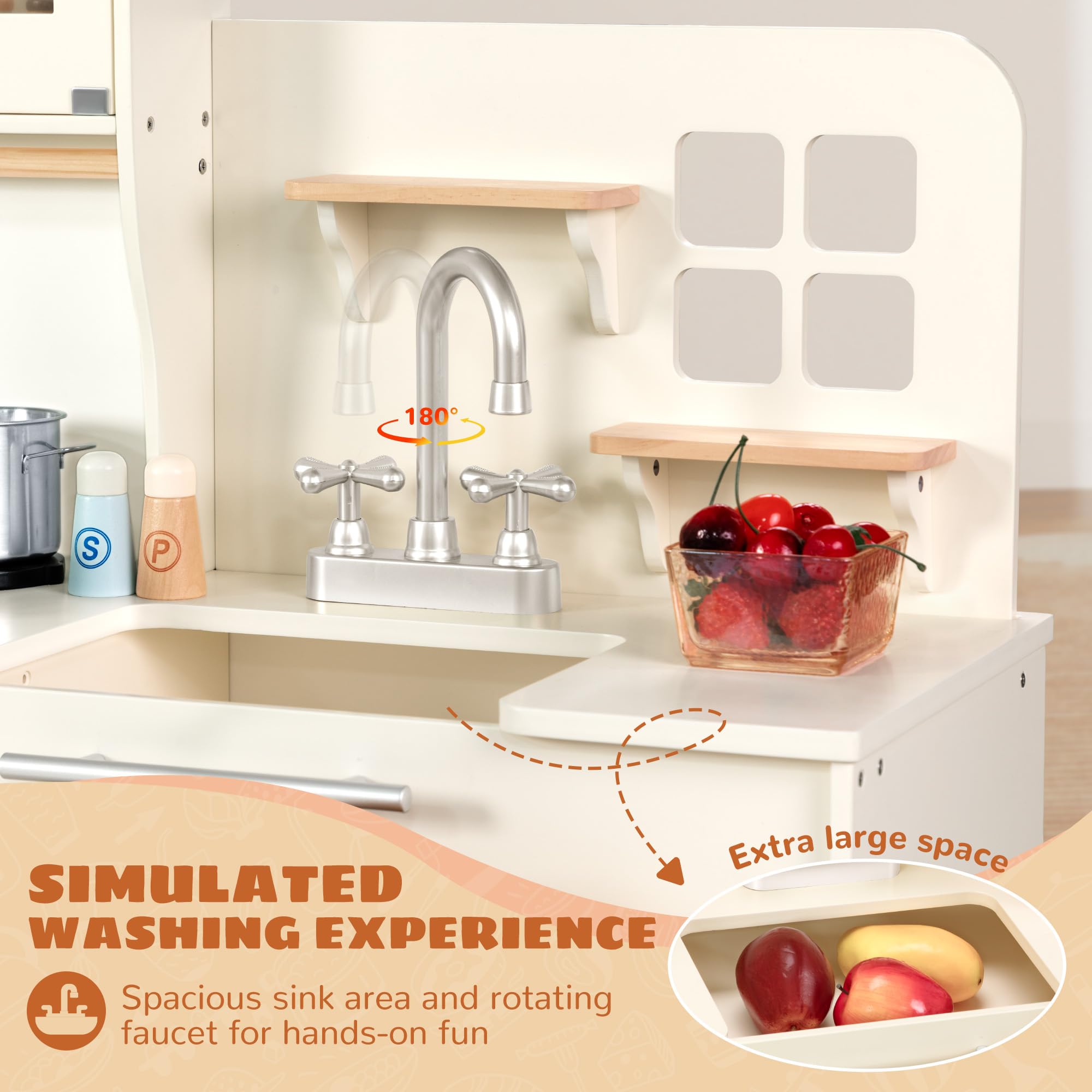 PHGLL Play Kitchen for Kids Wooden Toy Playset with Storage System, Chef Pretend Play Set with Oven, Utensils, Cupboard, Sink, Clicking Knobs, Toddler Kitchen Play for Ages 3+