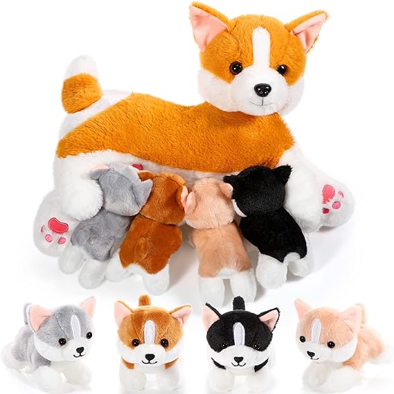 Nurturing Dog Mommy Plush Set with 4 Baby Puppies Soft Cute Dog Themed Stuffed Plush Toys for Kids Girls Boys Easter Birthday Gifts(Dachshund)
