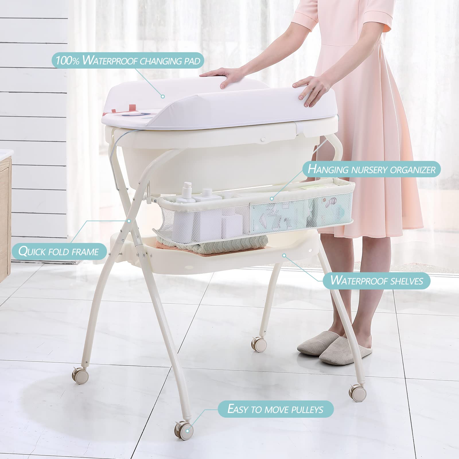 Baby Changing Table with Bathtub, Foldable and Portable Changing