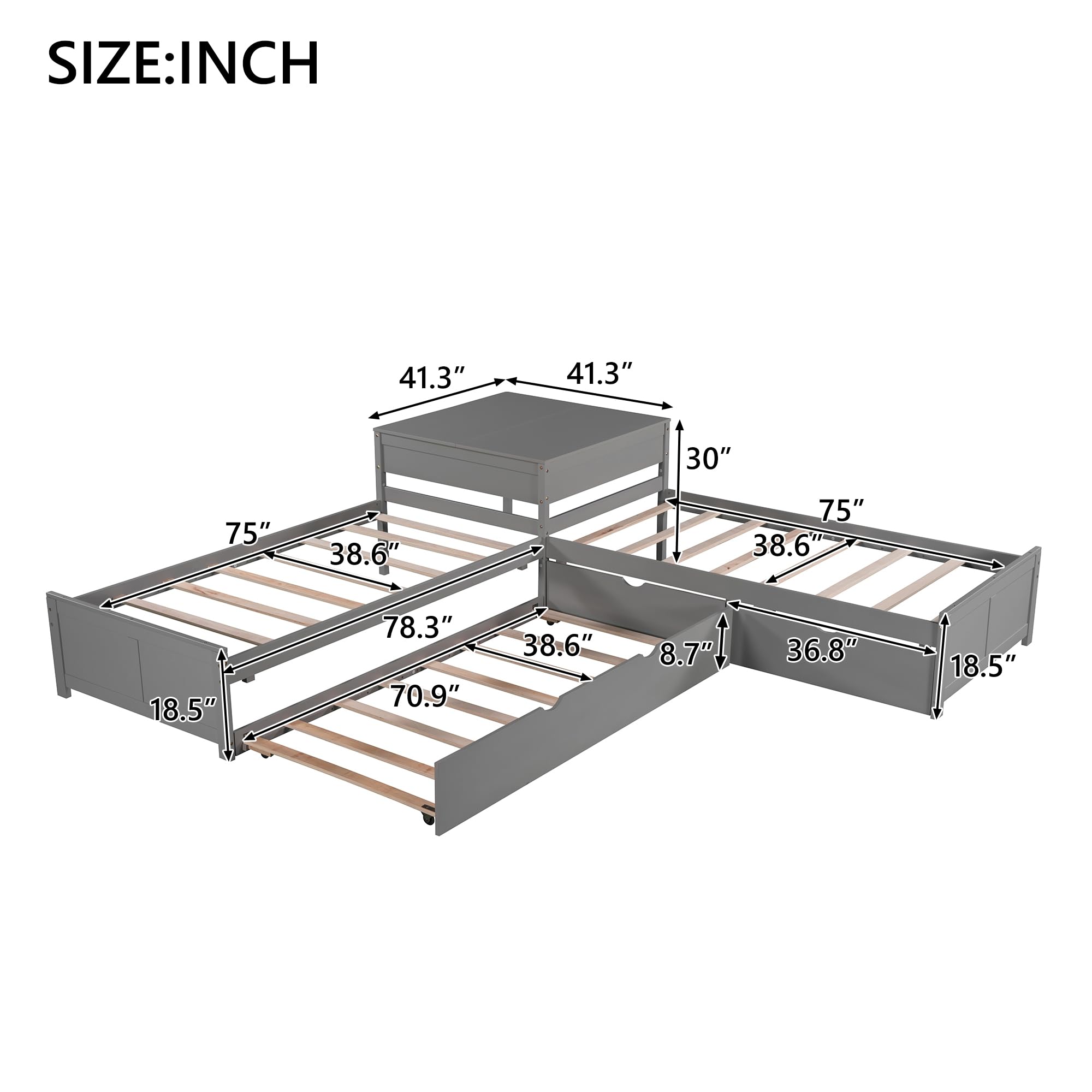 Merax L-Shaped Platform Bed with Trundle, Drawers and Built-in Desk, Wood Bed for Teens, L Shaped Twin Bed, Grey