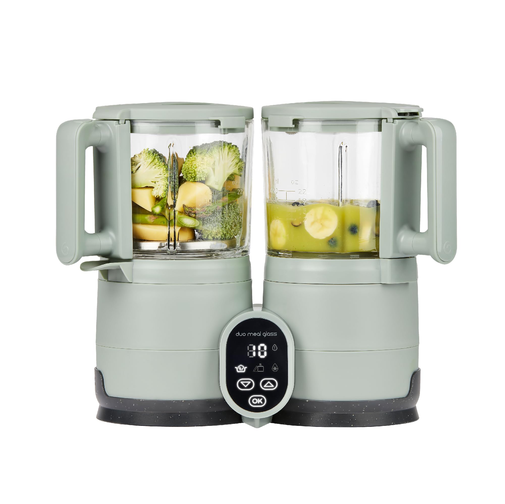 Babymoov Duo Meal Glass Baby Food Maker, Celadon Green – 4-in-1 Steamer, Blender, Defroster, and Heater with Programmable Timer, Large Capacity, Glass Bowls, Dishwasher Safe