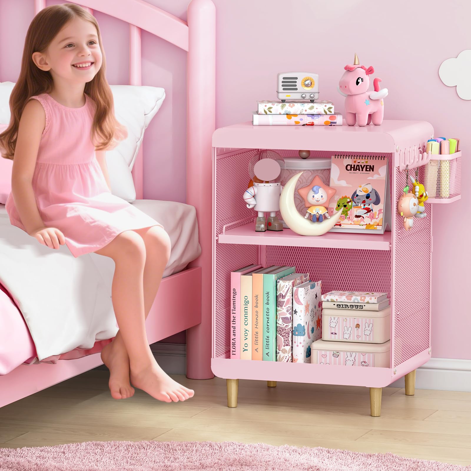 Kids Nightstand with Storage Shelves