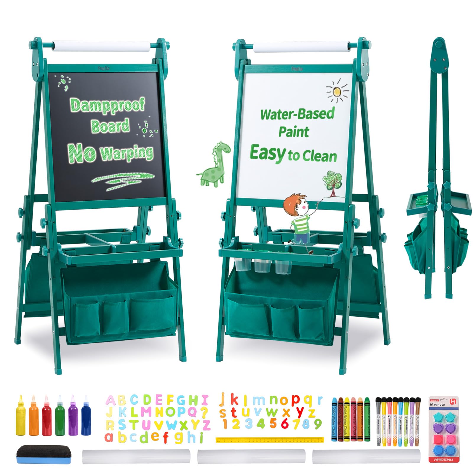 FUNLIO Foldable Anti-Warping Kids Art Easel, 3 Height Adjustable Toddler Easel, All-in-One for Kids Aged 3-8 with Paper Roll, Standing Easel with Magnetic Chalkboard/Whiteboard - Viridian Foldable