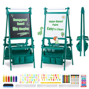 FUNLIO Foldable Anti-Warping Kids Art Easel, 3 Height Adjustable Toddler Easel, All-in-One for Kids Aged 3-8 with Paper Roll, Standing Easel with Magnetic Chalkboard/Whiteboard - Viridian Foldable