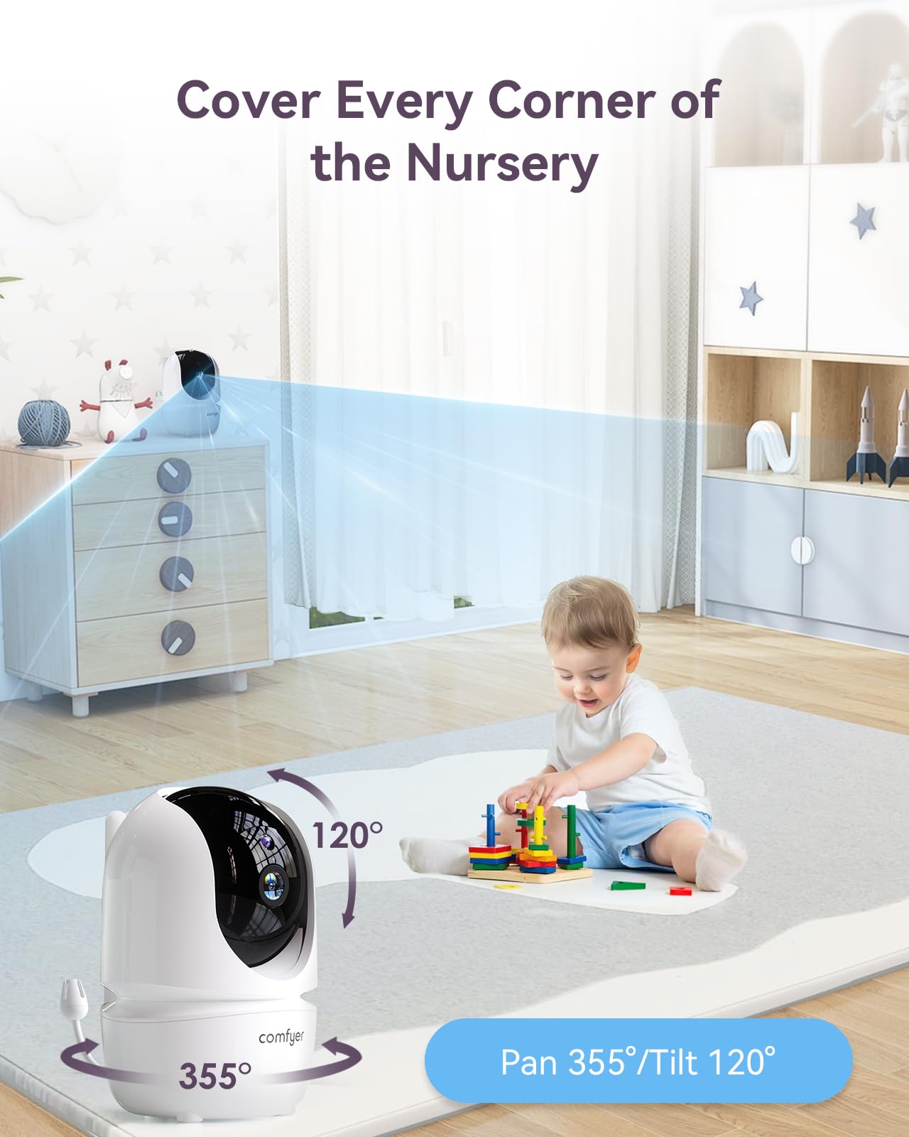 Comfyer 7" Split-Screen Baby Monitor with 2 1080P Cameras, 720P HD No WiFi Monitor with a Flexible Bracket, Video Baby Monitor with Camera and Audio, 2 Way Audio, Remote PTZ, Auto Night Vision