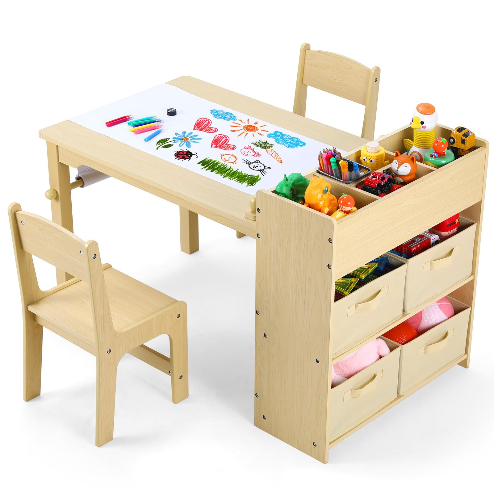 Kids Art Table and 2 Chairs, Toddler Craft Drawing Desk with Large Storage