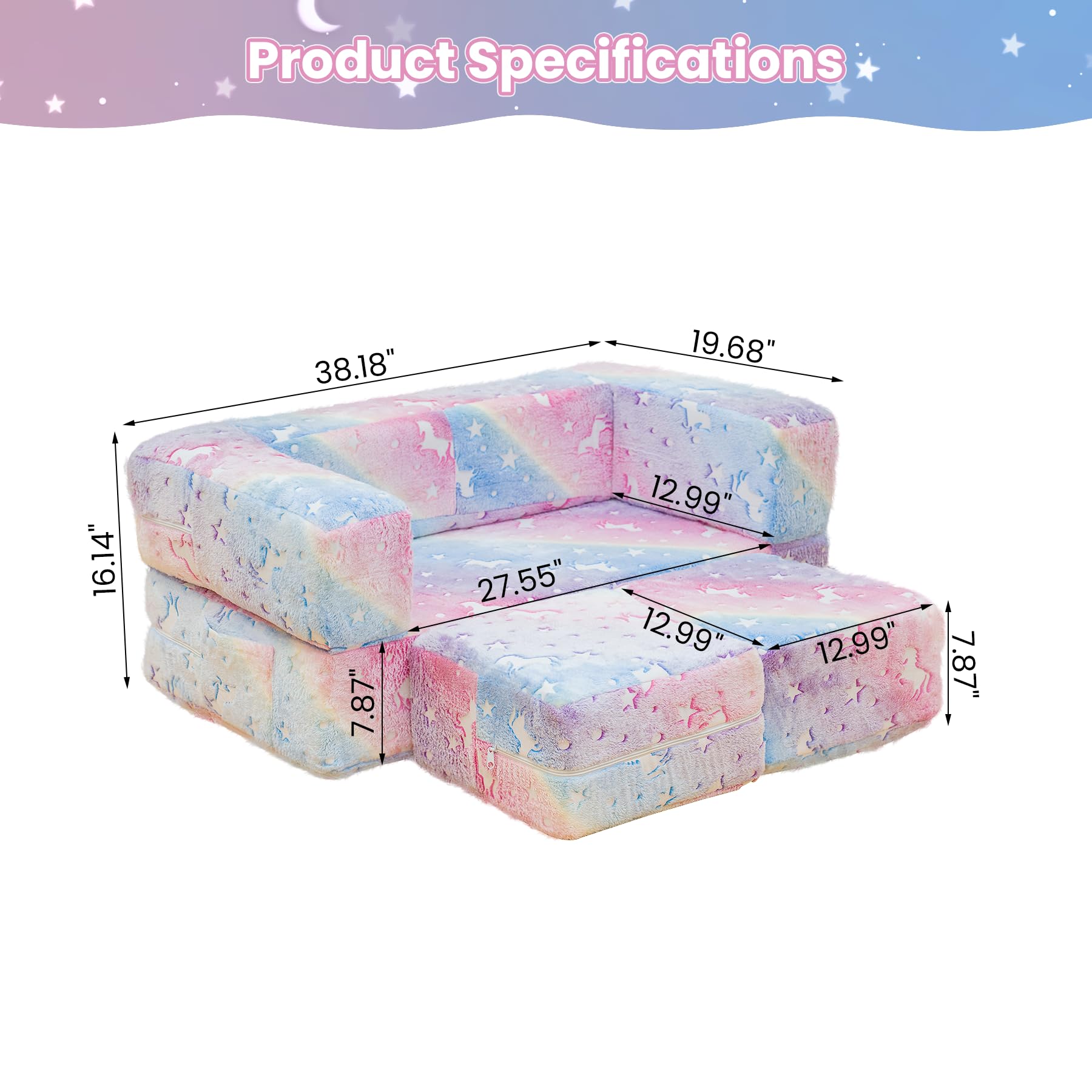 Lamerge Toddler Couch Glow in The Dark Toddler Fold Out Couch for playroom, Convertible Baby Fold Out Play Foam and Floor Cushion for Bedroom (Rainbow+Unicorn)