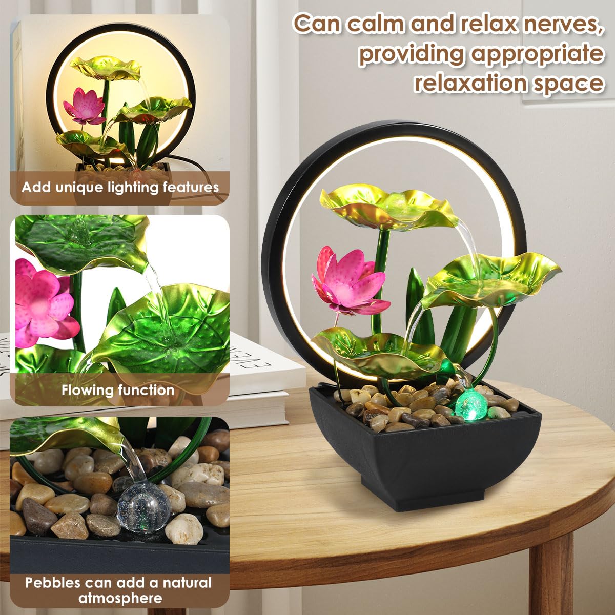 3-Tier Leaf Tabletop Water Fountain with LED Lights