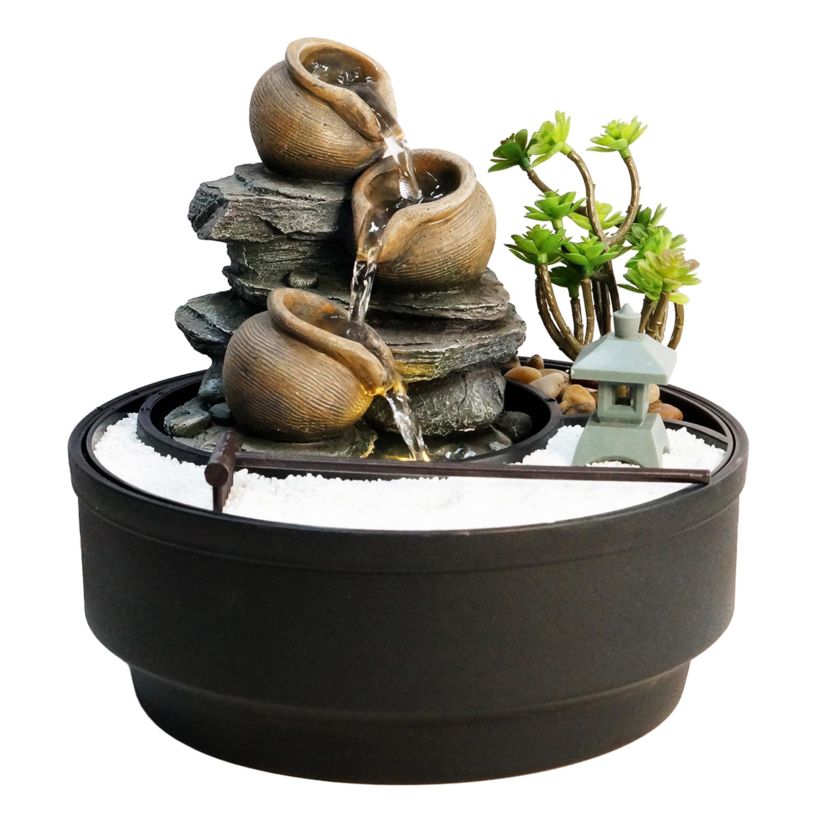 Tabletop Water Fountain with LED Lights and Pagoda Design
