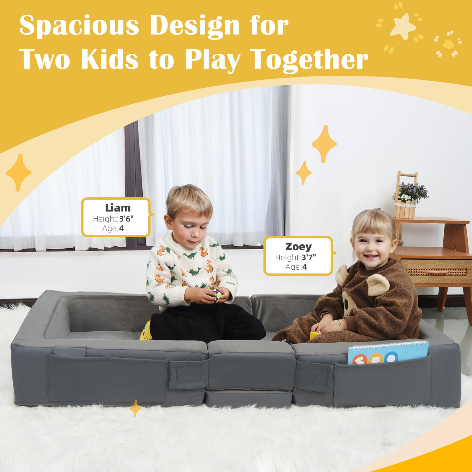 Full Size Montessori Floor Bed with RGB LED Light and High Headboard