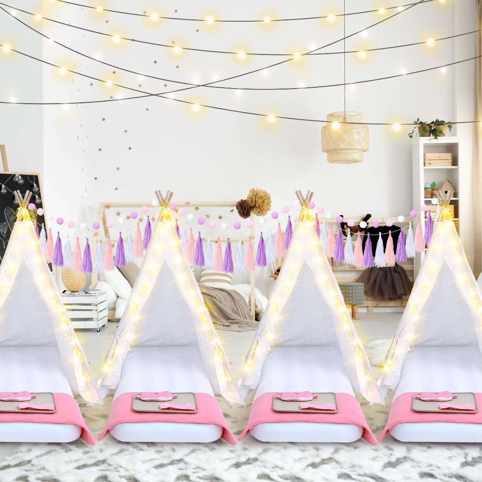 Kids Teepee Tent Set for Slumber Party with Air Mattress and Lights