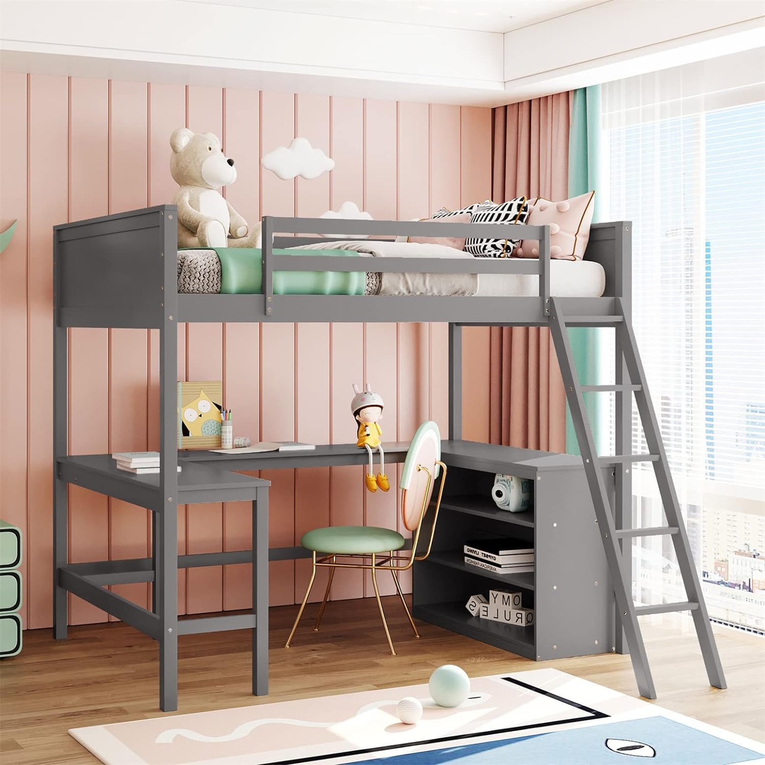 Full Loft Bed with Desk and Storage Shelves Bookcase High Loft Bed Frame Compatible