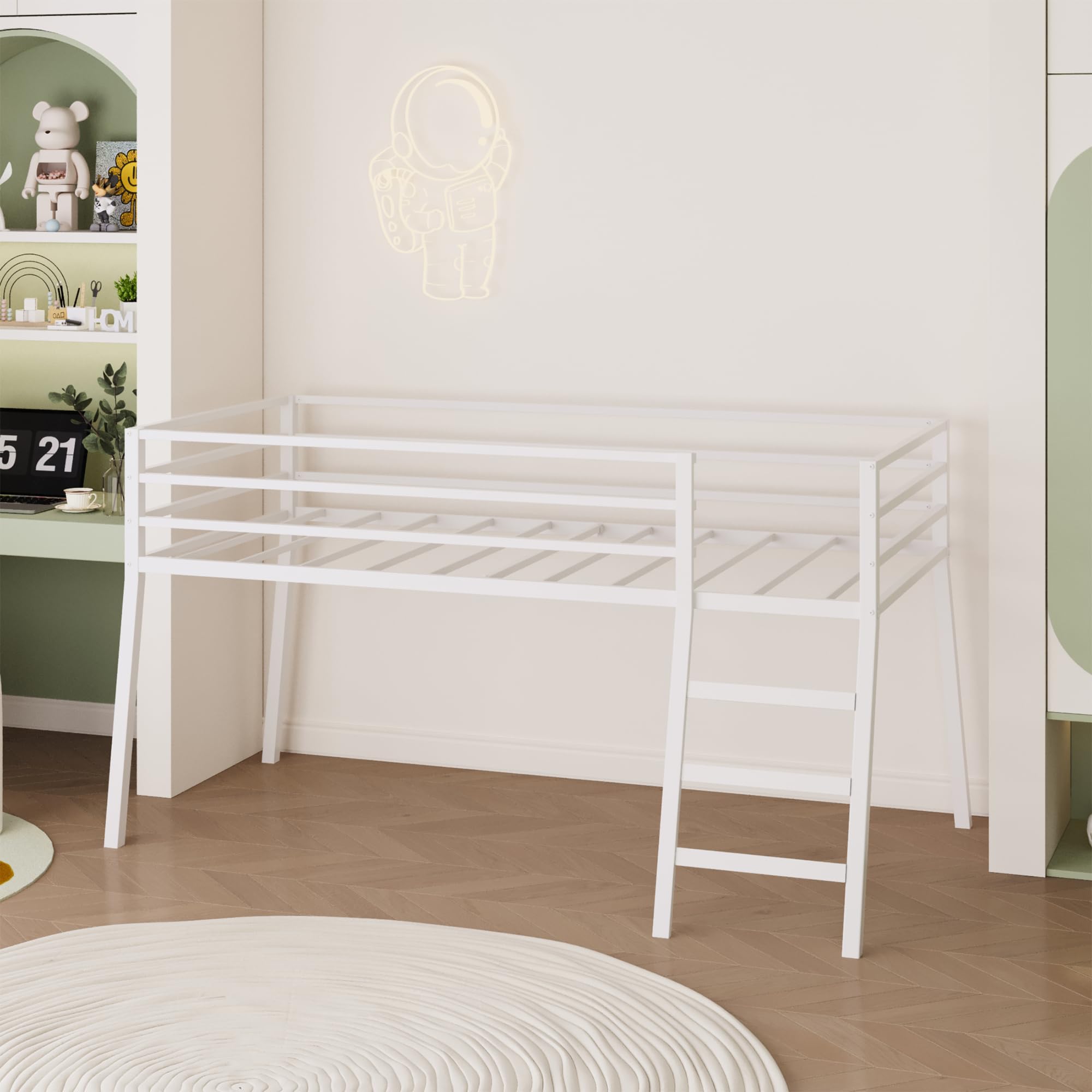 Twin Metal Loft Bed with Stairs and Safety Guardrails