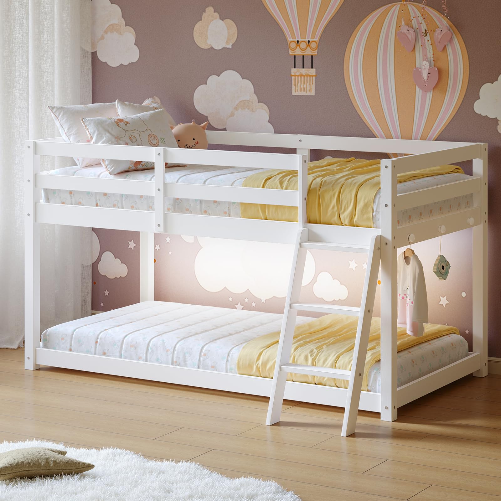 Twin Over Twin Low Bunk Bed with LED Light and Wide Stairs