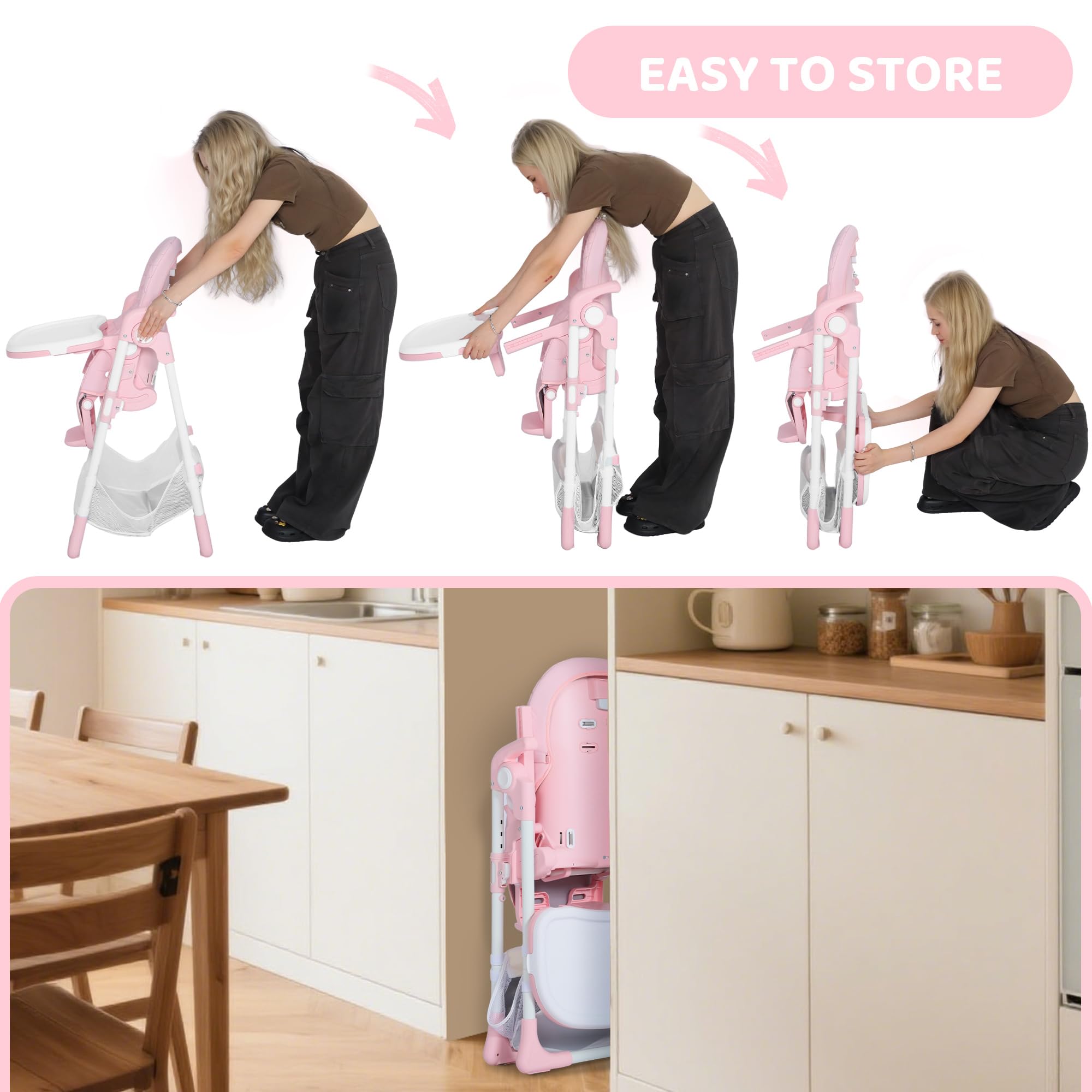 3-in-1 Foldable Baby High Chair with Adjustable Height and Recline
