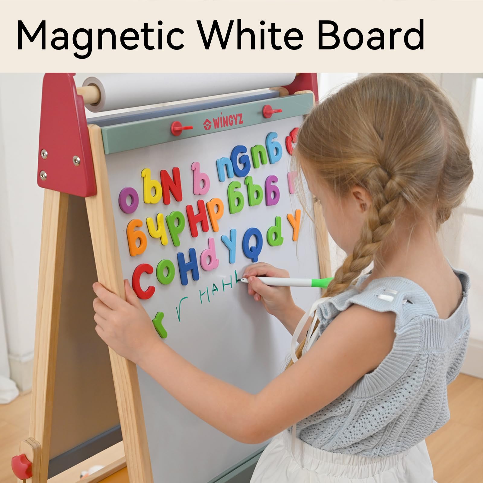 Wingyz 3-in-1 Adjustable Kids Art Easel with Magnetic Whiteboard & Chalkboard - Double-Side Wooden Drawing Board, 3 Paint Pots & Eraser - Creative Gift for Toddlers Ages 2-4, 4-8, 8-12