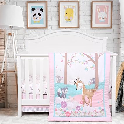 Crib Bedding Set for Girls - Pink Baby Nursery Sets 3 Pieces Quilt Comforter