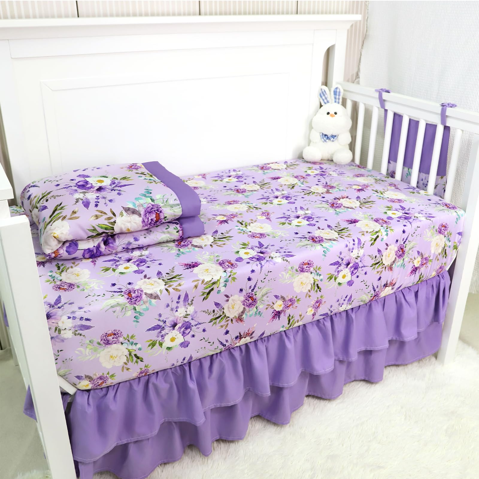 CARUILI Crib Bedding Set for Girls, Purple Baby Crib Bedding Set 4 Piece, Baby Girl Nursery Bedding Set Including Comforter, Fitted Crib Sheet, Crib Skirt, Diaper Stacker, Floral