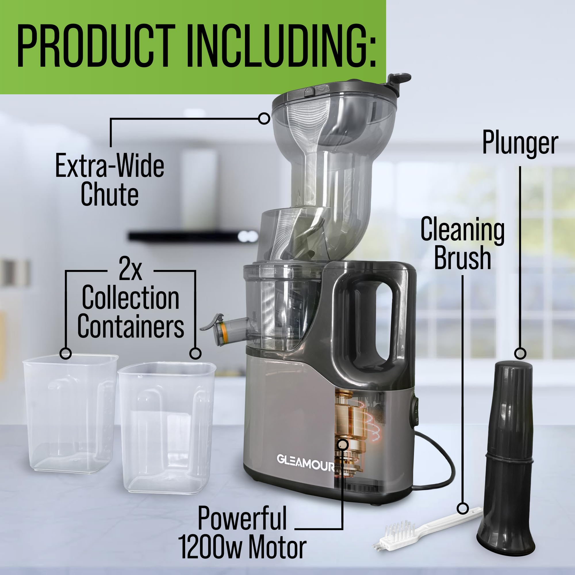 Electric Masticating Cold Press Juicer - Easy to Clean Cold Press Juicer Machine - Quiet Operation - Extra Large Chute for Whole Vegetables & Fruit