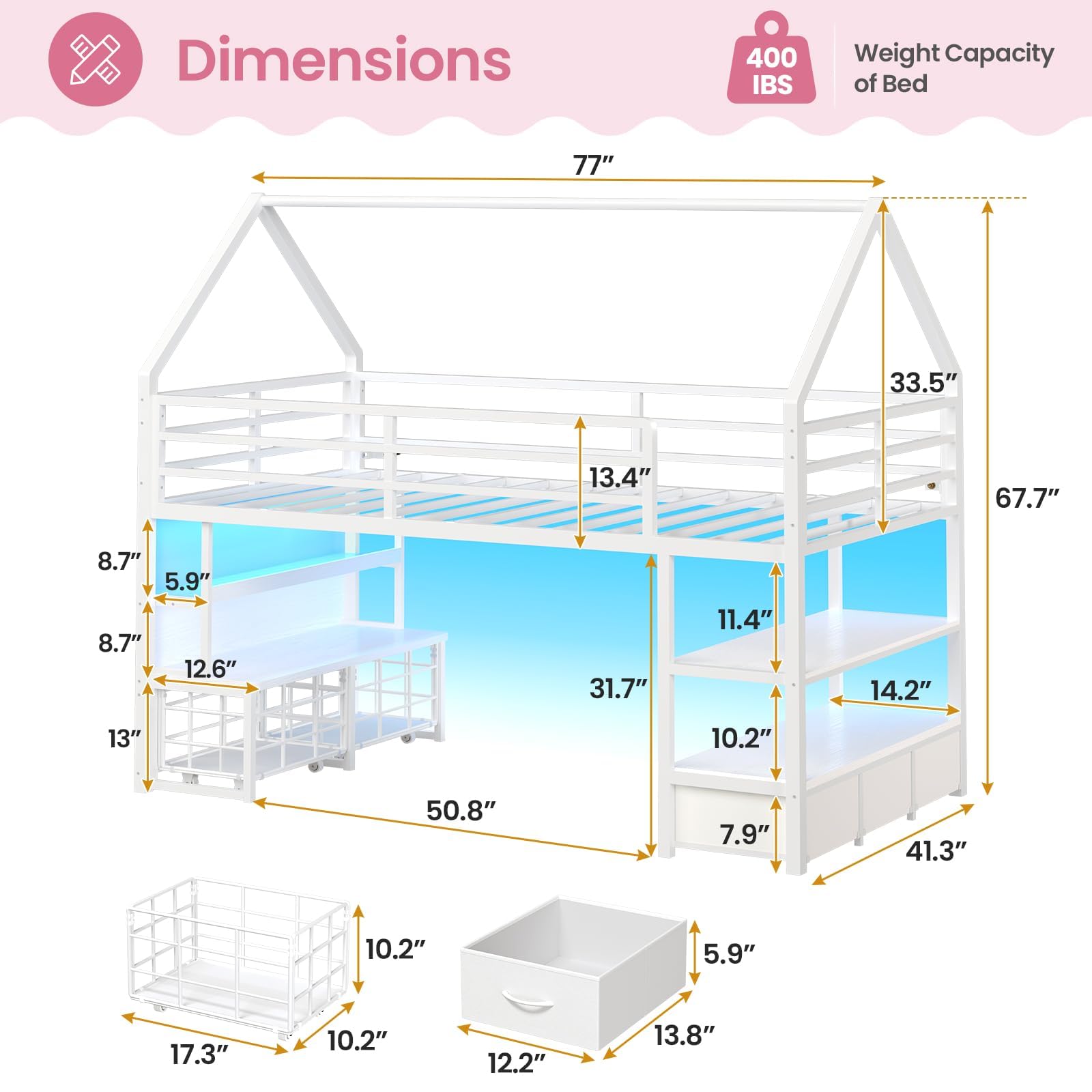 Twin Loft Bed with Storage Drawers and LED Lights