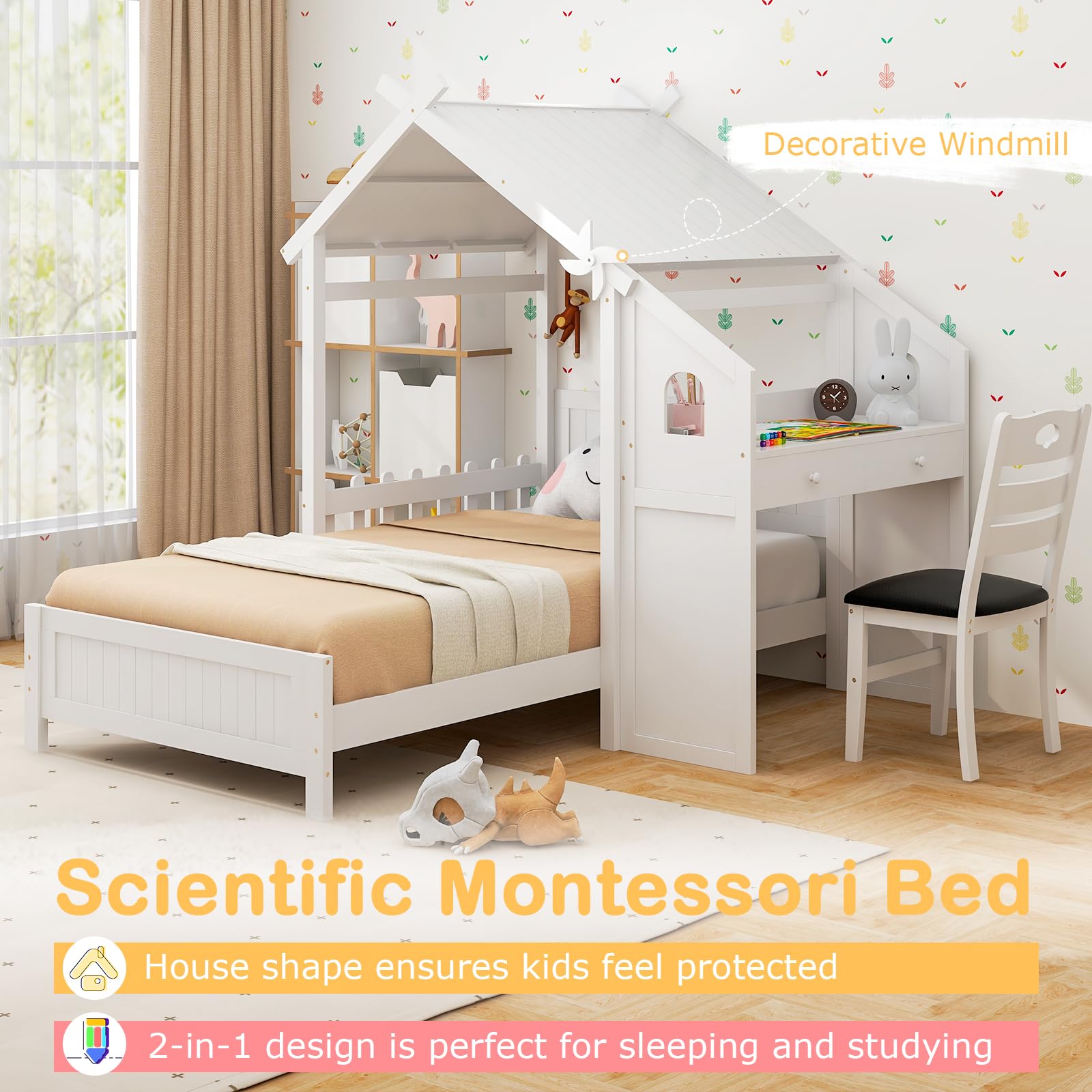 Giantex Twin House Bed with Desk & Chair, Wood Kids Playhouse Bed with 2 Drawers, Windmill, Fence & Headboard, Twin House Bed for Kids Teens, No Box Spring Needed, White