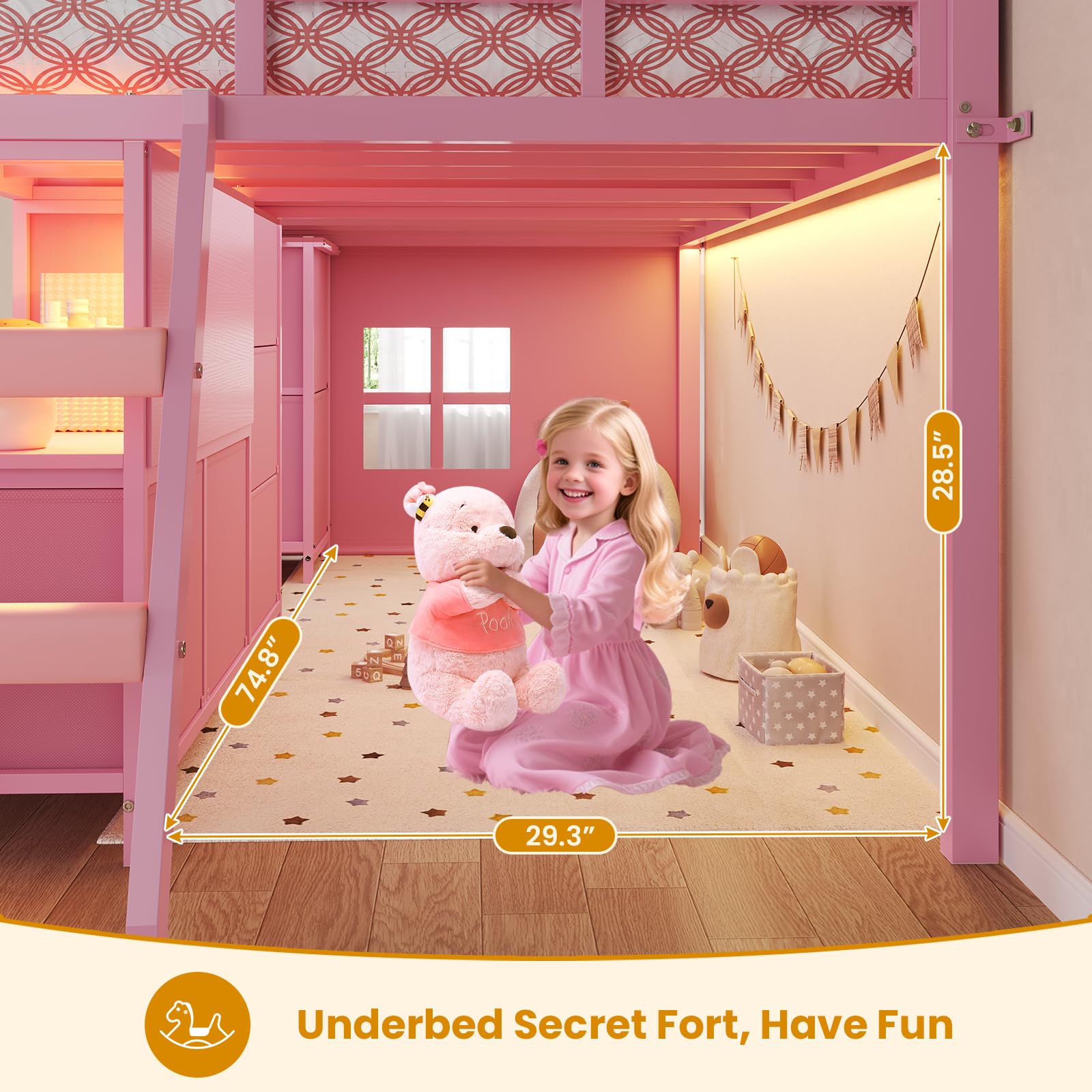 Twin Low Loft Bed with Storage Drawers and LED Lights