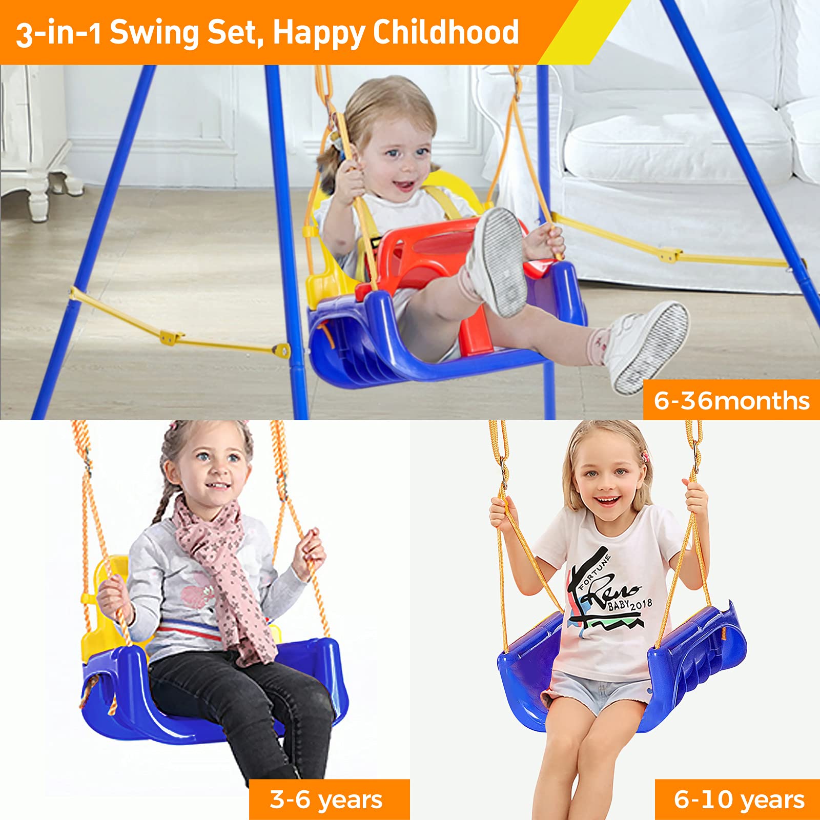 3-in-1 Toddler Swing Set with Foldable Metal Stand