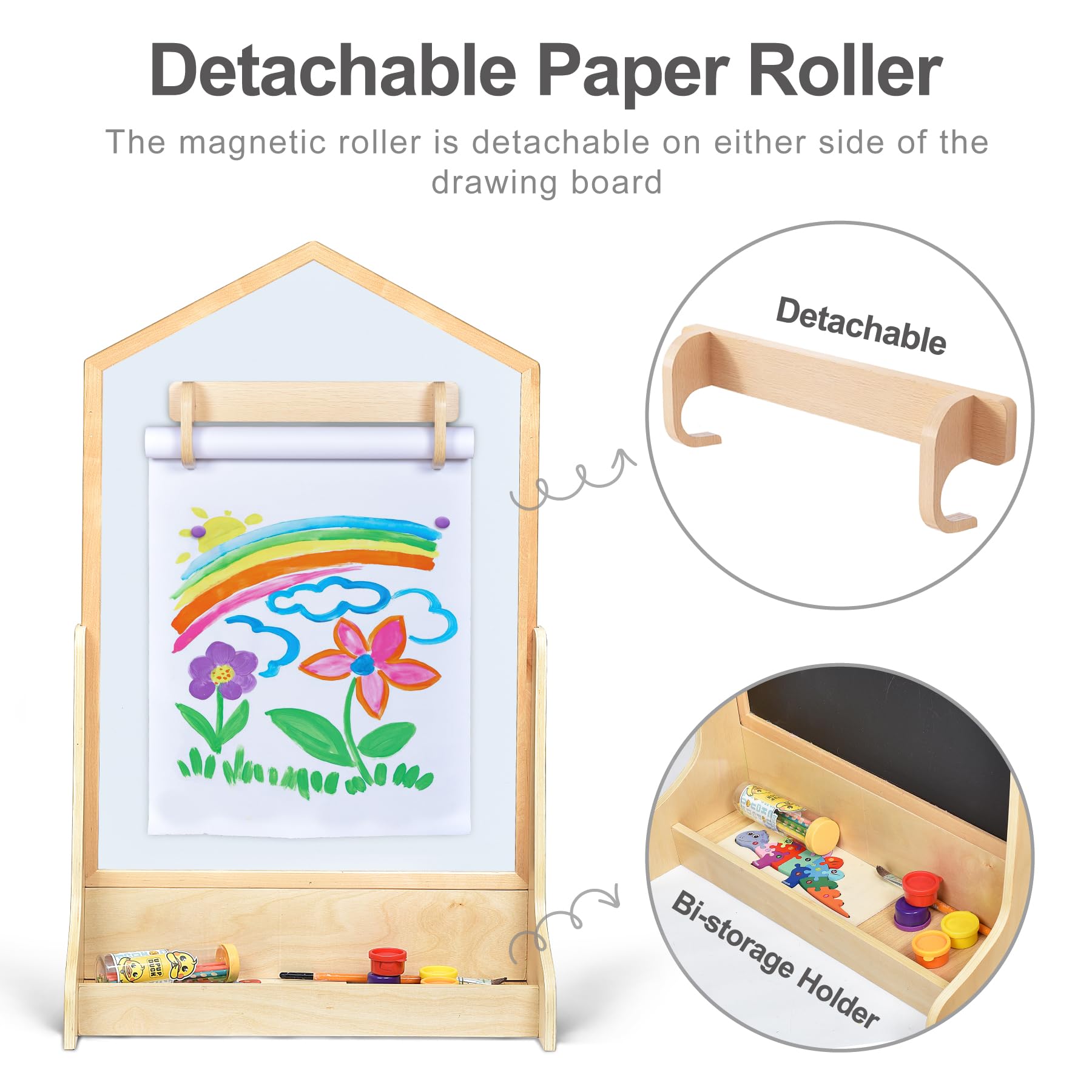 House Design Double-Sided Magnetic Drawing Board w/Detachable Roller and Bi-Storage Frame Holder for Kids, Extra Large Art Easel for Toddlers Boys and Girls Gift (Wall Mountable)