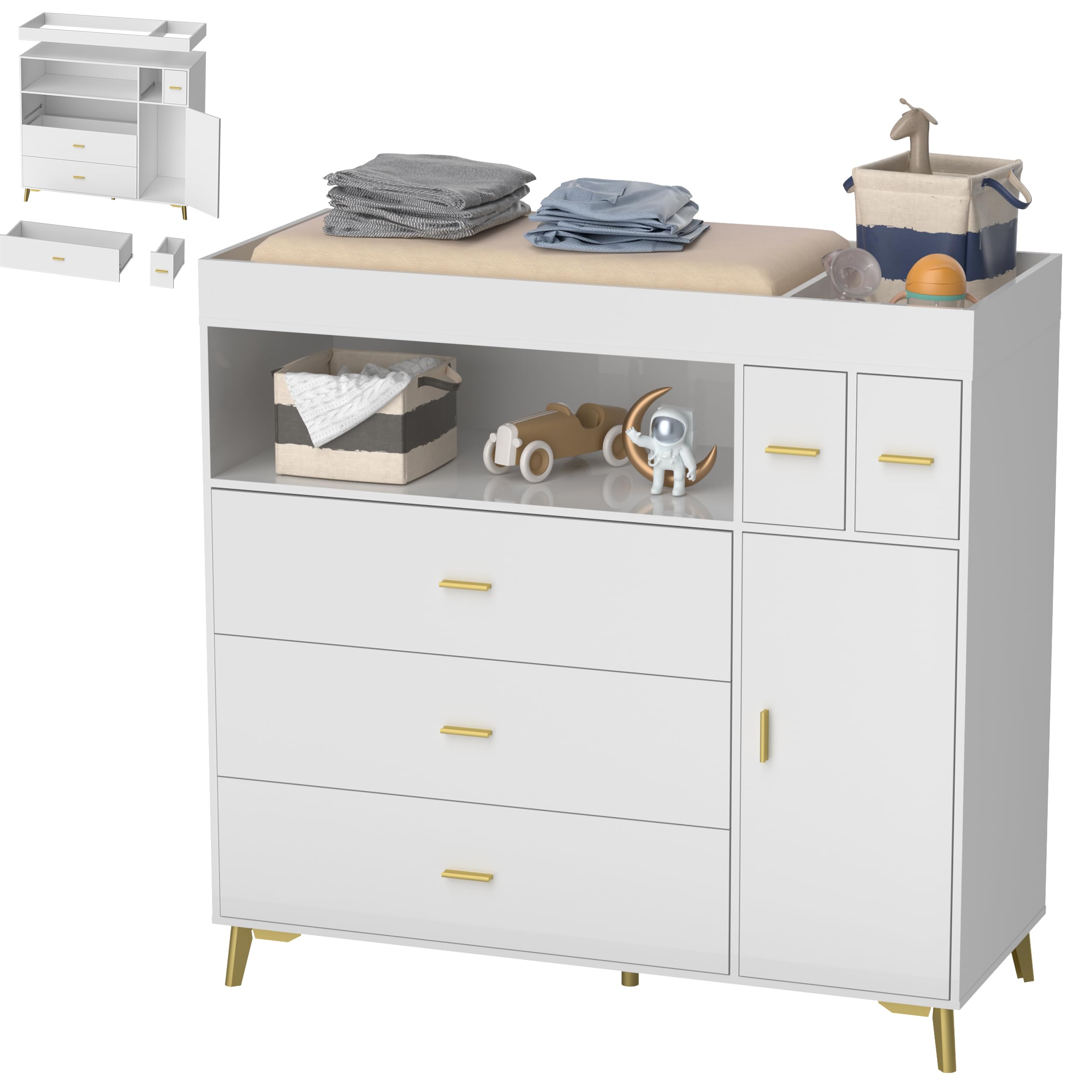 White Changing Table Dresser with 5 Drawers
