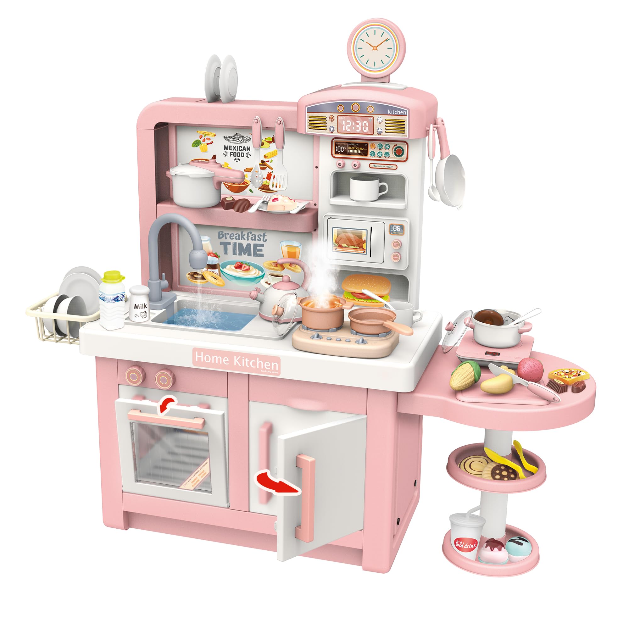 Elevon Pretend Play Kitchen Toy Set for Kids, Interactive Playset with Lights and Sounds, for Toddlers 3+ Years Old, 49 Piece Toy Accessory Set with Cooking Stove, Sink, Play Food, Realistic - Pink