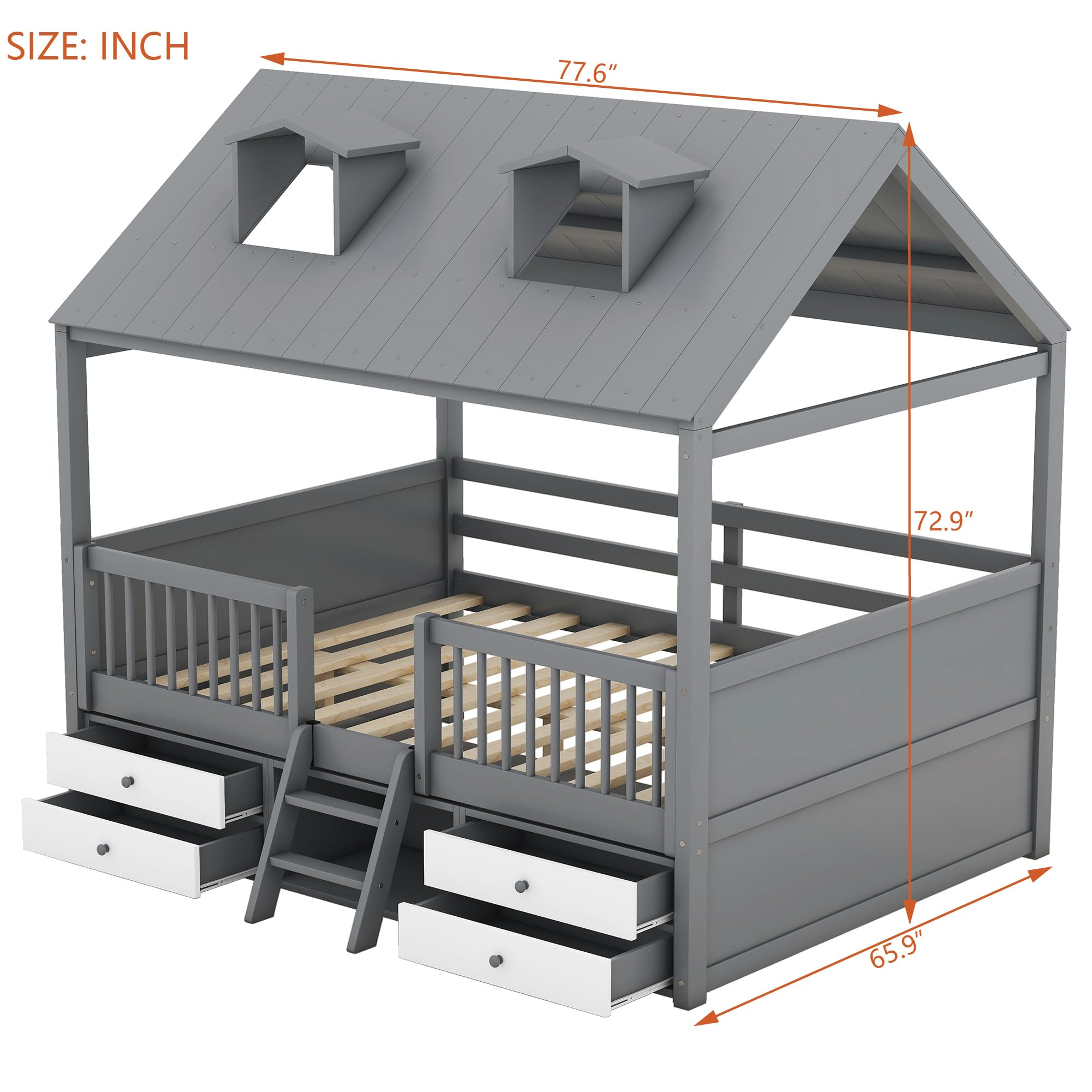 Full Size Wood House Bed Frame with Storage Drawers and Ladder