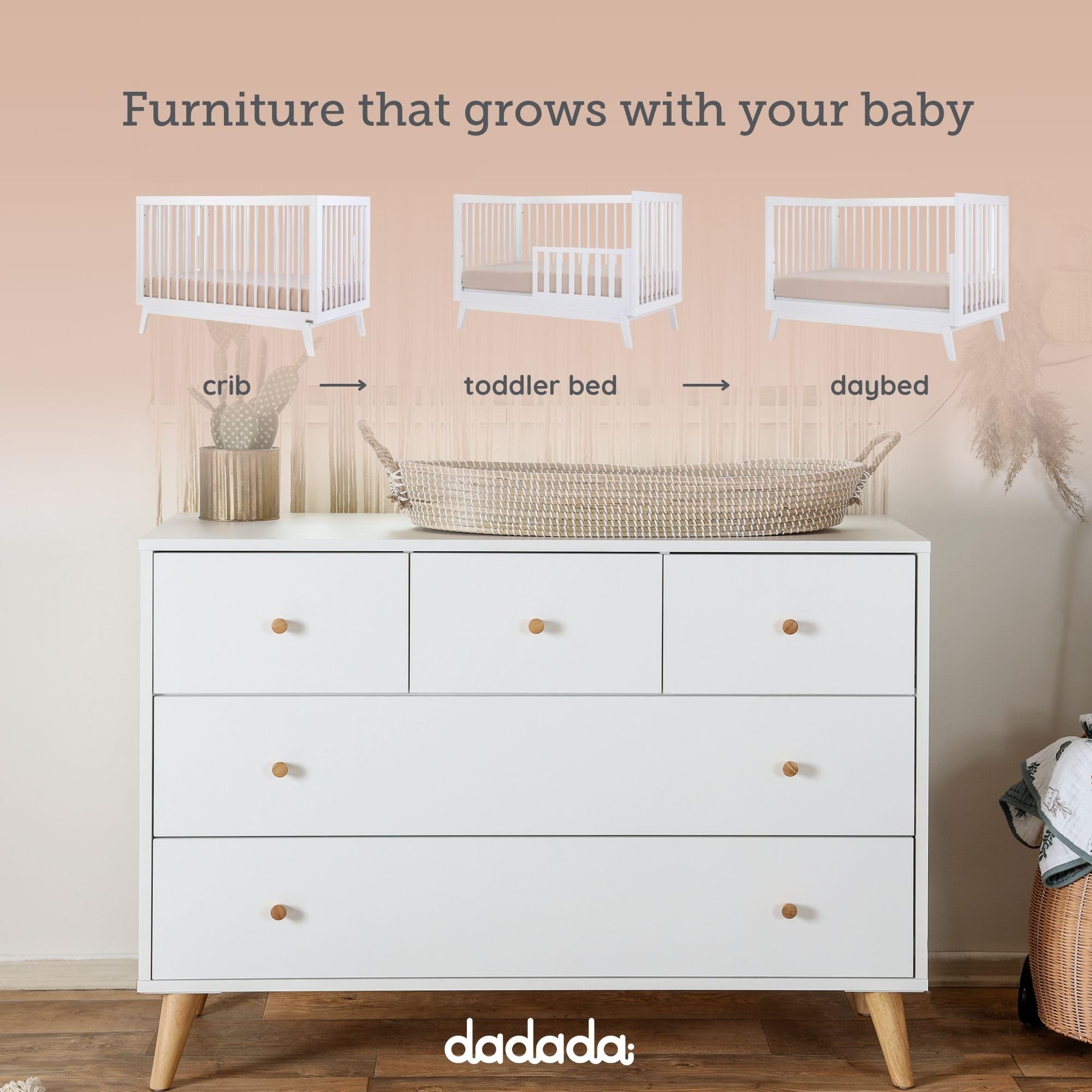 3-in-1 Convertible Crib and 5-Drawer Dresser Set