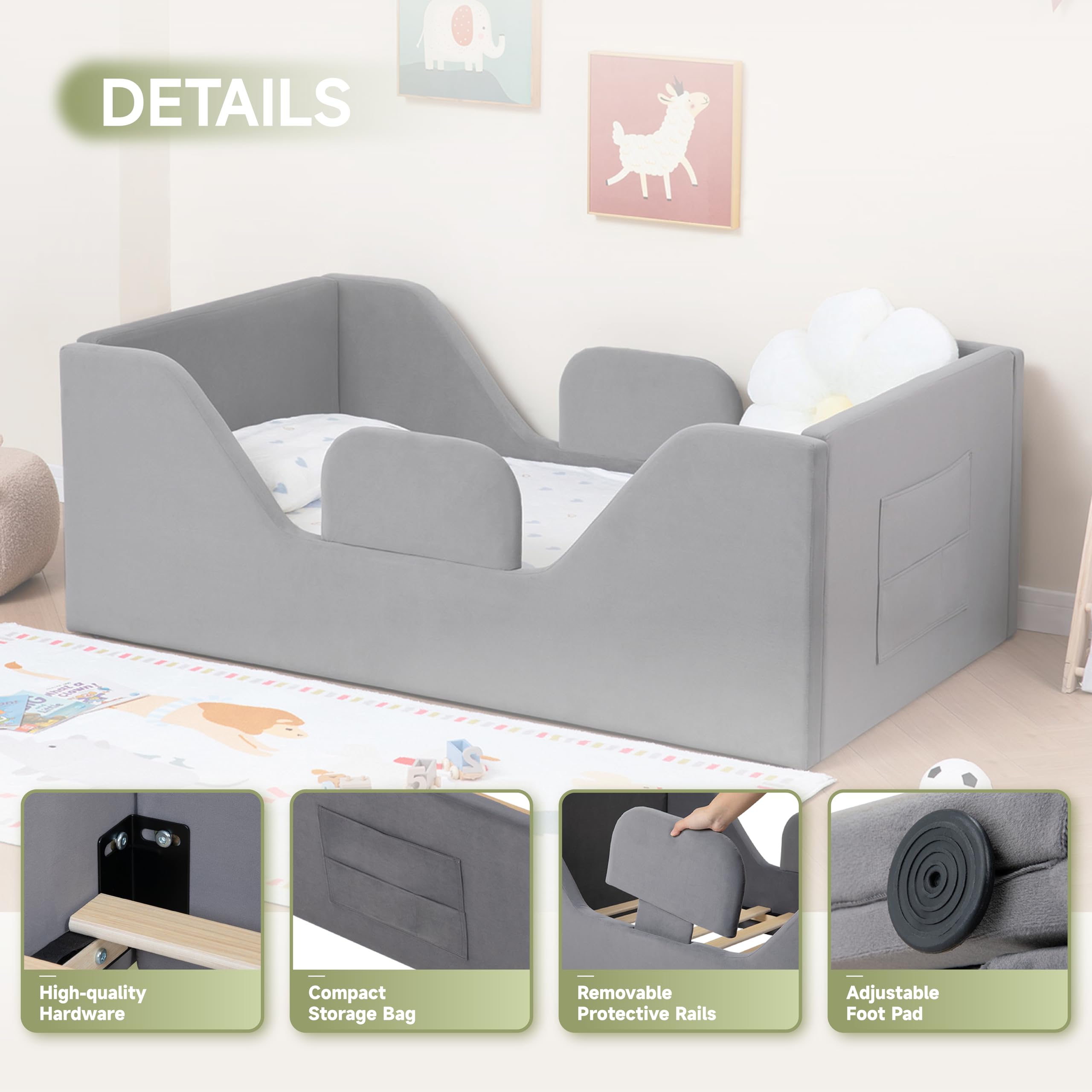 Toddler Floor Bed with Safety Rails and Storage
