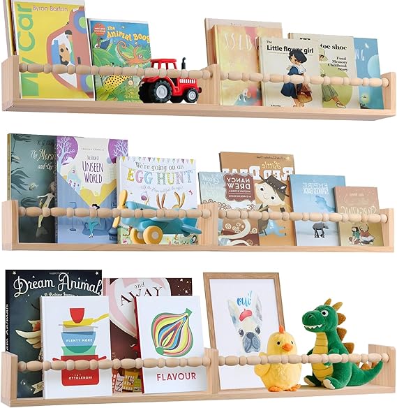 Book Shelves for Wall Set of 3，Natural Wood Wall Bookshelves
