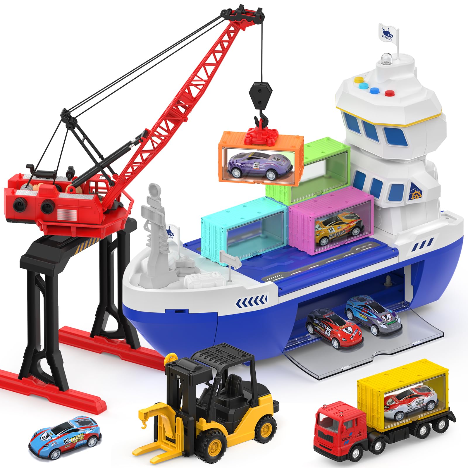 2-in-1 Toy Boat & Tower Crane Playset, Cargo Ship with Lights/Sounds