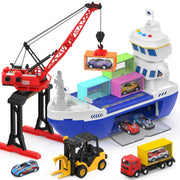 2-in-1 Toy Boat & Tower Crane Playset, Cargo Ship with Lights/Sounds